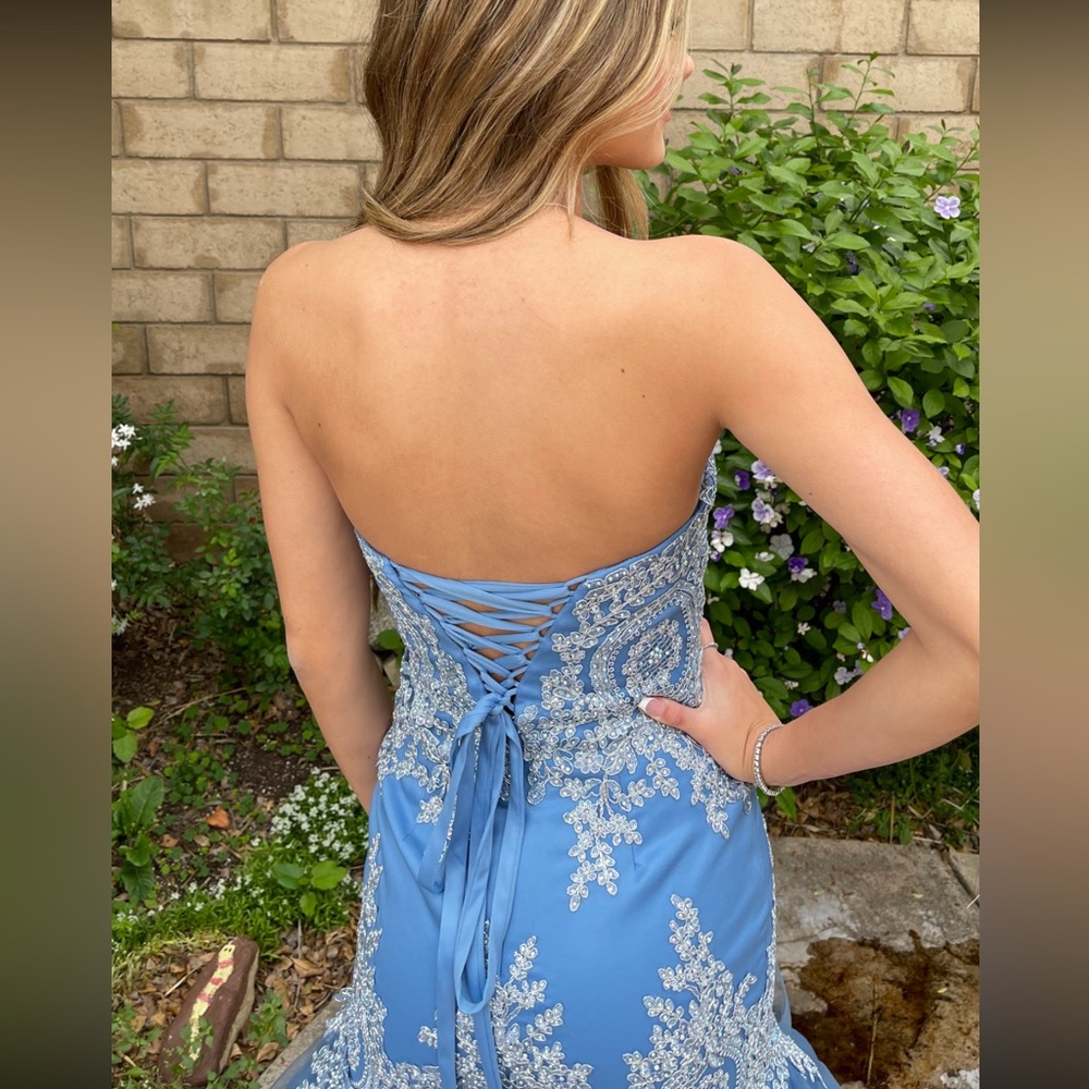 Strapless Carolina Blue Prom Dress with Silver Beading, sequins and gems. - Picture 3 of 4